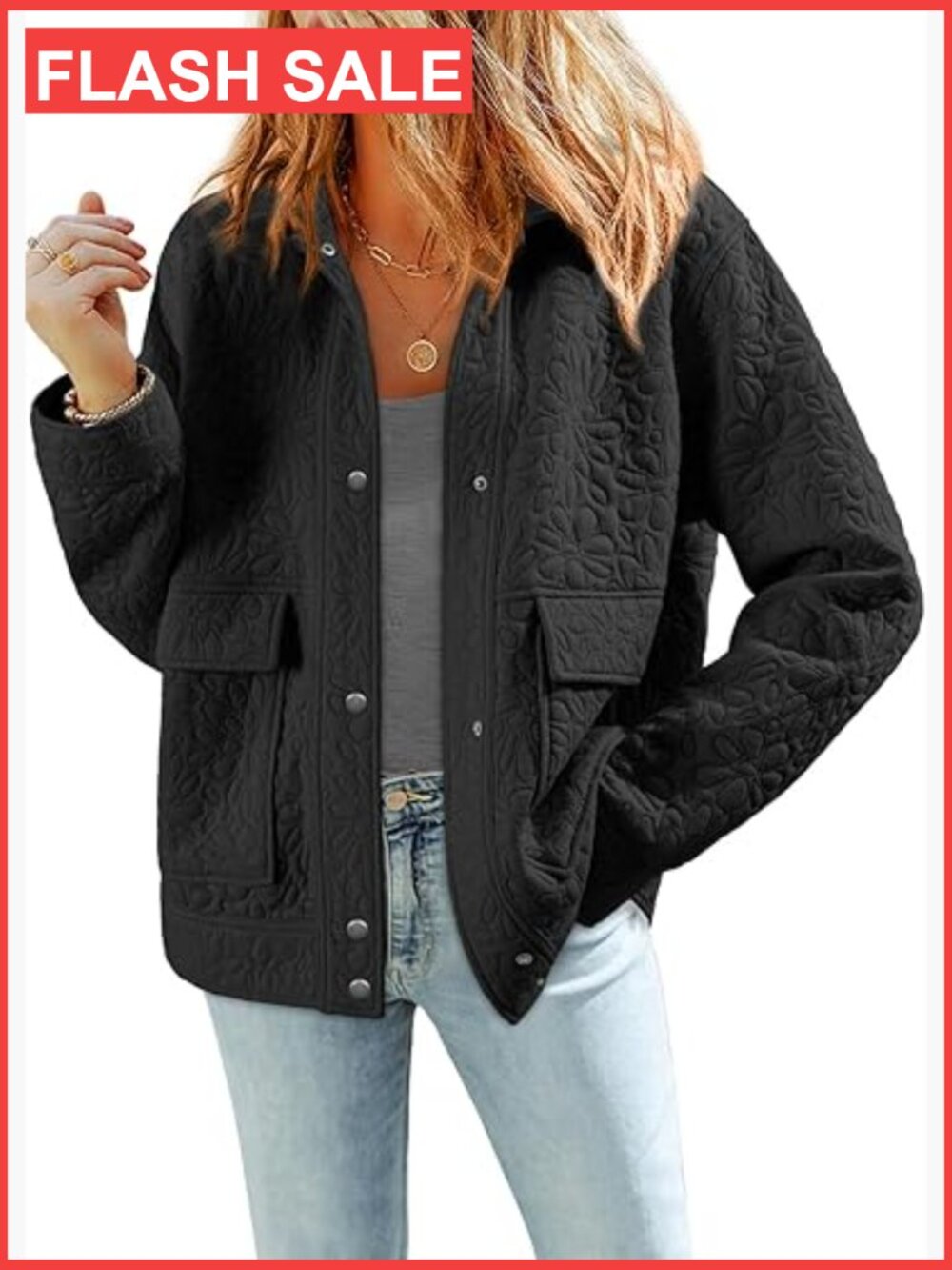 Womens Casual Long Sleeve Collared Jacquard Button Down Shacket Jacket with